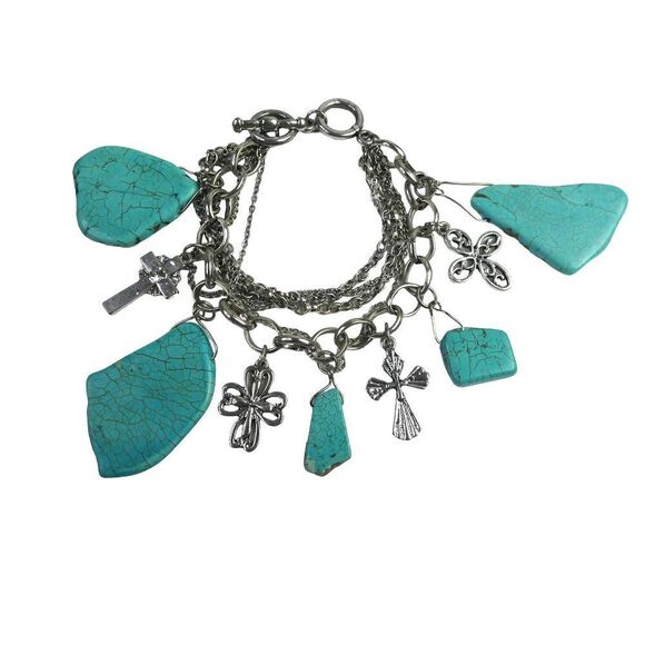 Silver Tone Boho Multi Strand Chain Bracelet Holy Cross Faux Turquoise Charm - Picture 1 of 8